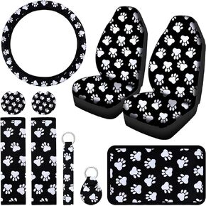 10 Pieces Dog Paw Car Accessories Set Dog Cat Paw Print Car Seat Covers Car Steering Wheel Cover Dog Paw Car Cup Holder Armrest Pad Cover Seat Belt Pads Key Chain Wrist Strap for Car SUV Truck