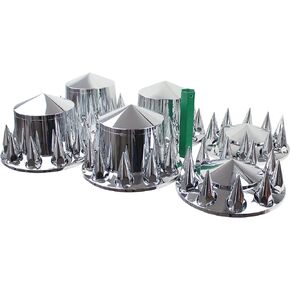Chrome ABS 33 mm Thread-On Spiked Axle Cover Combo Kit with Removable Hub Caps and Lug Nut Covers for Semi Truck