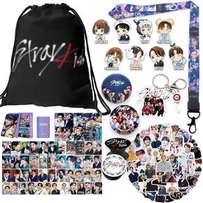 Stray-Kids Merch Gifts Set for Fans,Stray Kids Album Merch Set Including Straykids Photocards, Straykids Stickers, SKZ Pins, Lanyard, Phone Ring Holder, Keychain for Women and Straykids Fans