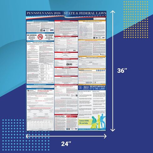 ملصق قوانين العمل الفيدرالية وولاية بنسلفانيا لعام 2024 - متوافق مع OSHA في مكان العمل يتضمن تحديثات FLSA FMLA وEEOC - نشر الامتثال المطلوب الكل في واحد مقاس 24 بوصة × 36 بوصة - مصفح in Kuwait