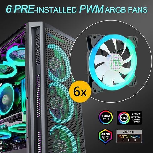 MUSETEX ATX PC Case Pre-Install 6 PWM ARGB Fans, Mid Tower Gaming Case with Opening Tempered Glass Side Panel Door, Mesh Computer Case, TW8 in Kuwait