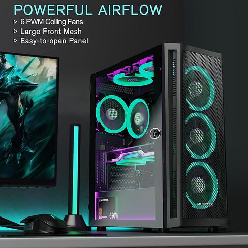 MUSETEX ATX PC Case Pre-Install 6 PWM ARGB Fans, Mid Tower Gaming Case with Opening Tempered Glass Side Panel Door, Mesh Computer Case, TW8 in Kuwait