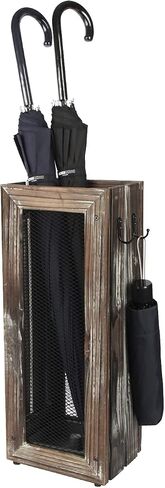 J JACKCUBE DESIGN Rustic Umbrella Holder with 4 Hooks, Wooden Rectangular Umbrella Stand Bucket Bin with Side Hangers for Entryway Home Office - MK703A (Rustic Wood) in Saudi Arabia