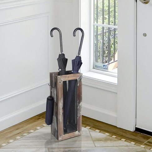 J JACKCUBE DESIGN Rustic Umbrella Holder with 4 Hooks, Wooden Rectangular Umbrella Stand Bucket Bin with Side Hangers for Entryway Home Office - MK703A (Rustic Wood) in Saudi Arabia