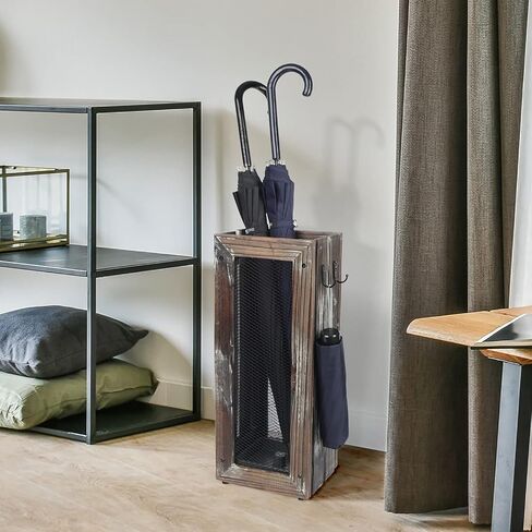 J JACKCUBE DESIGN Rustic Umbrella Holder with 4 Hooks, Wooden Rectangular Umbrella Stand Bucket Bin with Side Hangers for Entryway Home Office - MK703A (Rustic Wood) in Saudi Arabia