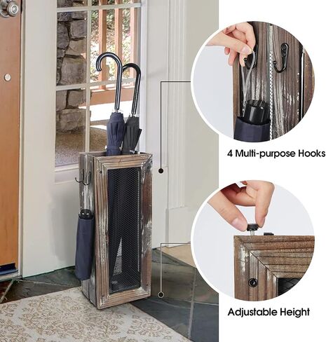 J JACKCUBE DESIGN Rustic Umbrella Holder with 4 Hooks, Wooden Rectangular Umbrella Stand Bucket Bin with Side Hangers for Entryway Home Office - MK703A (Rustic Wood) in Saudi Arabia