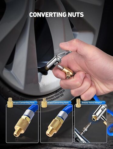 ظرف إطار نحاسي مع خرطوم هواء من البولي يوريثان بطول 9.8 قدم، محول خرطوم نفخ الإطارات بمشبك قفل مع محول صمام بريستا وقطعتين من صواميل التحويل، مجموعة ظرف هواء لمضخة الإطارات المحمولة/ضاغط الهواء in Kuwait