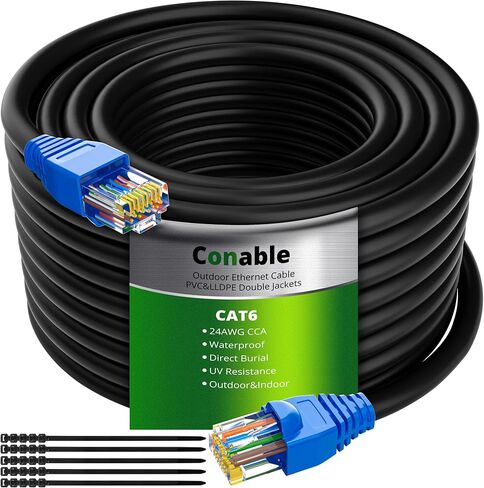 Cat6 Outdoor Ethernet Cable 150ft, Heavy Duty Double Jackets Internet Cord, Waterproof, Direct Burial, (from 25FT to 300 FT) Support PoE Cat6 Cat5e Cat5 Network, Cat 6 RJ45 Patch Cable with 25 Ties in Saudi Arabia