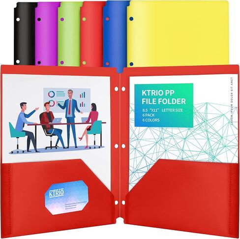 مجلدات الجيب KTRIO، 2 مجلدات جيب، 3 فتحات ثقوب - (6 عبوات، ألوان متنوعة) مجلدات بلاستيكية لـ 3 مجلدات حلقات مع جيوب، مجلدات جيب بحجم الحروف، مجلدات بولي ملونة للمدرسة in Saudi Arabia