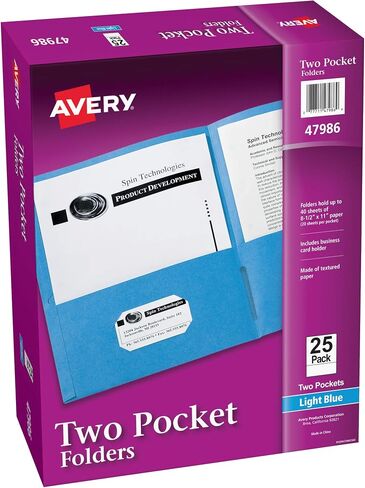 مجلدات Avery ذات جيبين، تحمل ما يصل إلى 40 ورقة، وفتحة لبطاقة العمل، و25 مجلدًا باللون الأزرق الفاتح (47986) in Saudi Arabia