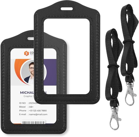 2 Sets Leather Id Badge Holder Double Sided Clear Badge Holder PU Leather Lanyard with Id Holder Clear Window Badge Holder with Detachable Neck Nylon Lanyard for Office School, Black in Saudi Arabia