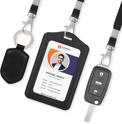 2 Sets Leather Id Badge Holder Double Sided Clear Badge Holder PU Leather Lanyard with Id Holder Clear Window Badge Holder with Detachable Neck Nylon Lanyard for Office School, Black in Saudi Arabia