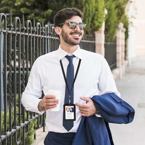 2 Sets Leather Id Badge Holder Double Sided Clear Badge Holder PU Leather Lanyard with Id Holder Clear Window Badge Holder with Detachable Neck Nylon Lanyard for Office School, Black in Saudi Arabia