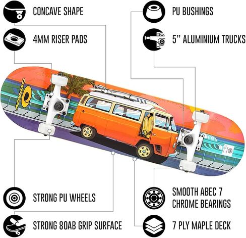 Osprey Volkswagen Professional Skateboard| for Beginners, 31 Inch Double Kick Concave Adult Skateboard with ABEC 7 Bearings – 220lbs Max User Weight– Official VW Designs in Saudi Arabia