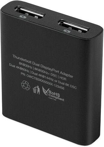 OWC Thunderbolt Dual Displayport Adapter, Dual displays up to 4K @ 60Hz, Single display up to 8K @ 30Hz, 2 DisplayPort 1.4 ports, Compatible with Mac and PC Thunderbolt (USB-C) devices, cable included in Saudi Arabia