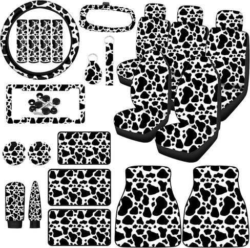 26 Pieces Cow Print Car Accessories Set Car Seat Cover Cow Steering Wheel Cover Seat Belt Cover Cup Holder License Plate Cover with Screws Mirror Covers Handbrake Gear Cover Keyring for Car Truck SUV in Saudi Arabia