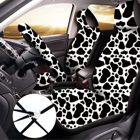 26 Pieces Cow Print Car Accessories Set Car Seat Cover Cow Steering Wheel Cover Seat Belt Cover Cup Holder License Plate Cover with Screws Mirror Covers Handbrake Gear Cover Keyring for Car Truck SUV in Saudi Arabia