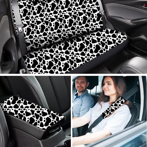 26 Pieces Cow Print Car Accessories Set Car Seat Cover Cow Steering Wheel Cover Seat Belt Cover Cup Holder License Plate Cover with Screws Mirror Covers Handbrake Gear Cover Keyring for Car Truck SUV in Saudi Arabia