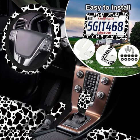 26 Pieces Cow Print Car Accessories Set Car Seat Cover Cow Steering Wheel Cover Seat Belt Cover Cup Holder License Plate Cover with Screws Mirror Covers Handbrake Gear Cover Keyring for Car Truck SUV in Saudi Arabia