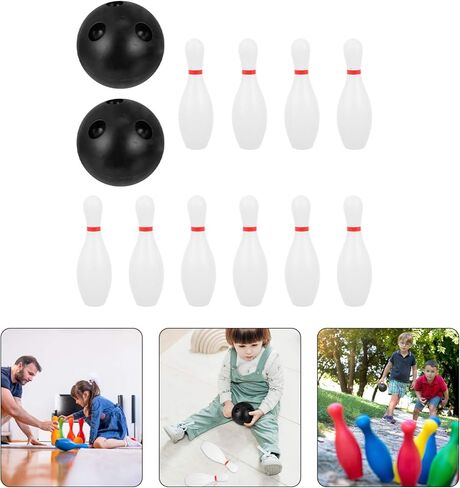 Kids Bowling Balls Toy Small Plastic Bowling Set Includes 10 Classical White Pins and 2 Black Balls Toddler Sport Toy for Indoor Outdoor Activities Party Family Games,16cm in Saudi Arabia