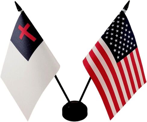 America & Christian Friendship Twin Desk Flag, US Christian Table Flags, 8 x 5 Inches American & Christian Deluxe Desk Flag Set - Miniature USA & Christian Stick Flag with Flag Stand in Saudi Arabia