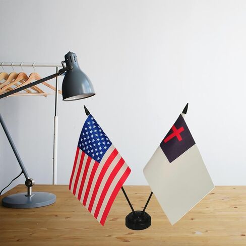 America & Christian Friendship Twin Desk Flag, US Christian Table Flags, 8 x 5 Inches American & Christian Deluxe Desk Flag Set - Miniature USA & Christian Stick Flag with Flag Stand in Saudi Arabia