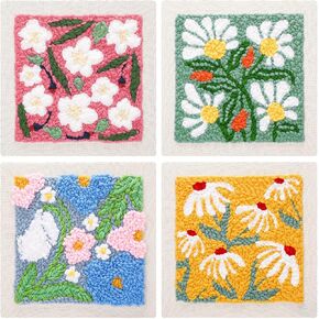 Daifunli 4 Set Embroidery Punch Needle Kit Frame for Beginners Adults Healing Weave Punch Stitching Kit Embroidery Fabric with Patterns, Tools, Yarns, Hoop, Instruction