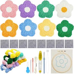 allazone 8 PCS Punch Needle Coasters Kit ، Flower Embroidery Punch Edele Kits ، Punch Embroidery Kit with Love Yarns Hoop Tools for DIY Crafts