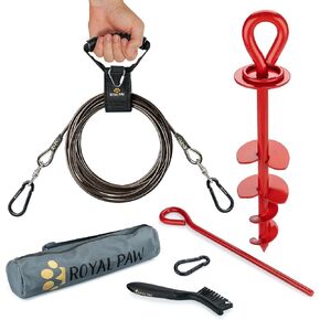 20ft Dog Tie Out Cable and Stake - Dog Stake & Dog Tie Out Heavy Duty for Large Dogs up to 300 lbs (20-ft Onyx Black Dog Lead and Crimson Red Dog Anchor)
