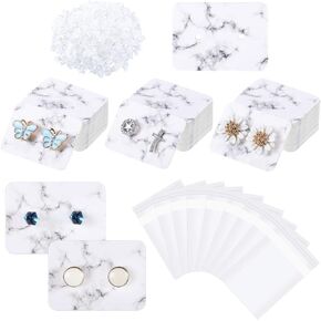 1200 Pieces Marble Earring Display Cards Set Includes 300 Pieces Earring Display Cards Paper Earrings Holders 600 Pieces Earring Backs 300 Pieces Self-Seal Bags for Jewelry, 1 x 1.4 Inch (White)
