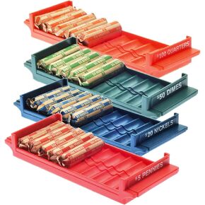 Nadex Rolled Coin Storage Organizer Tray Set with Ridges for Loose Coins | Quarters, Dimes, Nickles, and Penny Color Coded Trays