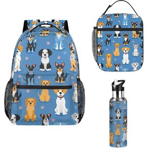 Backpack Set of 3 for Women Men Kids with Lunch Bag 20 oz Water Bottle Cute Dogs Breeds Girls Boys Backpacks for School Work