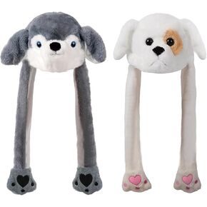 2 Pack Ear Moving Jumping Hat Puppy Dog Animal Costume Plush Earflaps Movable Hat for Dress Up Halloween Christmas Cosplay Party