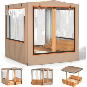 غطاء صندوق الرمل ، 48 "L x 48" W × 52 "H ، يتدحرج على جميع الجوانب للاستخدام دون تفكيك ، صندوق رمل خشبي للأطفال مع مظلة ومقعد قابلة للطي. (Khaki)