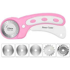 45mm Rotary Cutter with 5pcs Extra Blades, Ergonomic Handle Rolling Cutter with Safety Lock for Fabric, Leather, Crafting, Sewing, Quilting, Fabric Rotary Cutter Perfect for Left & Right Hand (Pink)