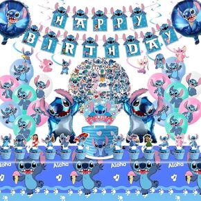 Party Supplies for Stitch Theme Birthday - 103PCS Set featuring Banner, Balloons, Stickers, Hanging Swirls, Cake Cupcake Toppers, and Tablecloth suitable for Boys and