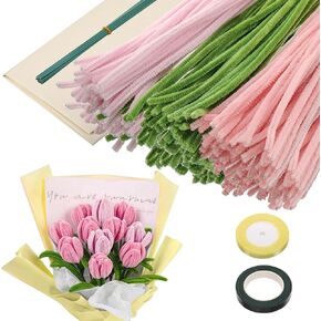 320pcs طقم منظفات الأنابيب ، منظفات الأنابيب الوردية الخضراء للحرف اليدوية مع سيقان الزهور وشريط الأزهار ، طقم طقم باقة DIY لمدة 30 سم.