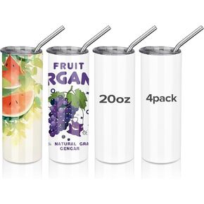Fastsub 4 Pack 20 Oz Sublimation Tumblers Flant Cups Strainny نحيل أبيض من الفولاذ المقاوم للصدأ الفولاذ المقاوم للصدأ معزول مع غطاء وقش للضغط الحراري للبهلوان.