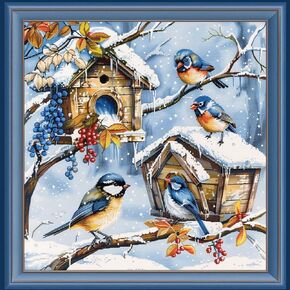 Generic Winter Robin Bird Houses in Snow DIY 11CT Stamped Cross Stitch Kits for Beginners Easy Needlepoint Embroidery Counted Cross Stitch Art Craft for Wall Decoration 14x14inch(4)