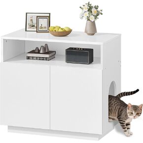 Cat Litter Box Enclosure, Litter Box Furniture Hidden, Versatile Litter Enclosure Furniture with 2 Doors and 1 Entrance, Indoor Cat House for Living Room, Bedroom, White MMW01WB