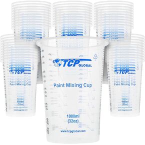 TCP Global 32 أونصة (1000 مل) يمكن التخلص من أكواب خلط البلاستيك المتدربة المرنة - صندوق من 50 كوبًا - استخدام للطلاء ، والراتنج ، والإبوكسي ، والفن ، والمطبخ ، والطبخ ، والخبز - نسب القياس 2-1 ، 3-1 ، 4-1 ، ML
