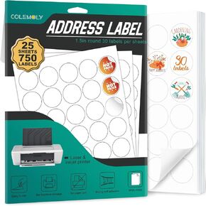 Address Labels 1-1/2" Round for Laser and Inkjet Printers - 25 Sheets, 30 Labels Per Sheet 750 Blank Matte White Sticker Paper for Organization, Labeling, Inventory Management, Product Branding
