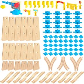 115 Pcs Build & Play Ultimate Elevated Wooden Railway Construction Set Expansion Pack #3 with Wooden Train Tracks, Crane, Ascending Tracks, Compatible with Thomas, Brio, IKEA, Melissa & Doug