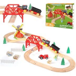 مجموعة WDMIYA Wooden Train للأطفال الصغار ، و 38 PCS Train Train Track for Kids ، و Train Toy مع الجسر والمسارات (يناسب Thomas & Brio) ، هدية عيد ميلاد عيد الميلاد لمدة 2 3 4 5 6 7 8 سنوات (Binwheel)