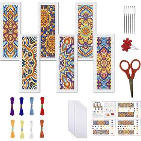 FREEBLOSS 6 Set Mandala Stamped Cross Stitch Bookmark Kits Cross Stitch Kit Embroidery Bookmarks Kit for Adults Beginners with Backing Felt Embroidery Floss DIY Bookmark Kit for Book Lovers 8x2.4''