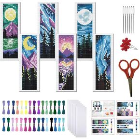 FREEBLOSS 6 Set Starry Sky Cross Stitch Bookmark Kit Stamped Cross Stitch Kit Stamped Embroidery Bookmark with Instruction Cross Stitch Kits for Adults DIY Bookmark Kit 8.66''x3.14''