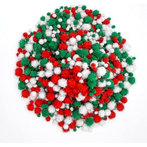 Lusy DM 1500 Pieces Christmas Pom Pom Glitter Balls Tinsel for Craft Making and Hobby Supplies (4 Sizes, White, Red, Green)