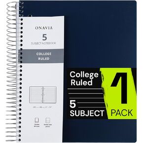 Spiral Notebook for School, 5 Subject, College Ruled Paper, 200 Sheets, 9" x 11", 5 Dividers with Pockets, 3 Hole Punched Perforated, Plastic Cover, Lined Journal, School Supplies,Prussian Blue