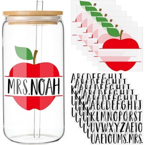 12 Sheets Teacher UV DTF Cup Wraps Custom Name UV DTF Transfers Stickers for Glass Cups 16 20 40 oz Teacher Appreciation Gifts Shape Letters Vinyl Name Decals for DIY Crafts (Apple)