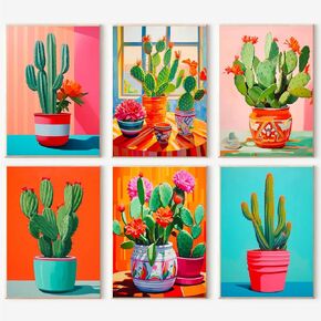 F.NIMAGOP 6 Packs Colorful Cactus Paint by Numbers Kit for Adults,DIY Watercolor Oil Painting by Number,Cactus Adults Paint by Numbers Kit on Canvas Without Frame for Home Wall Decor 7.8x11.8inch
